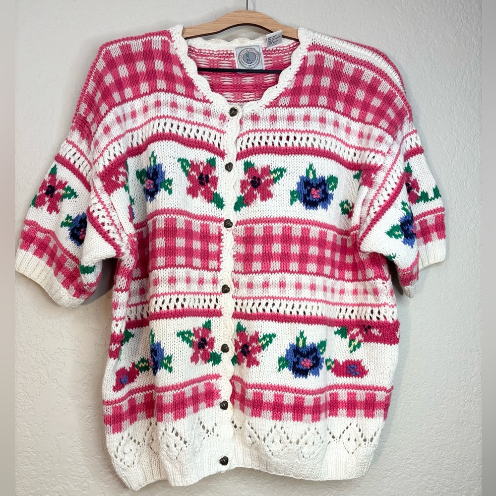 Vintage Pink Gingham Floral Cottagecore Crochet Knit Sweater Cardigan Size L